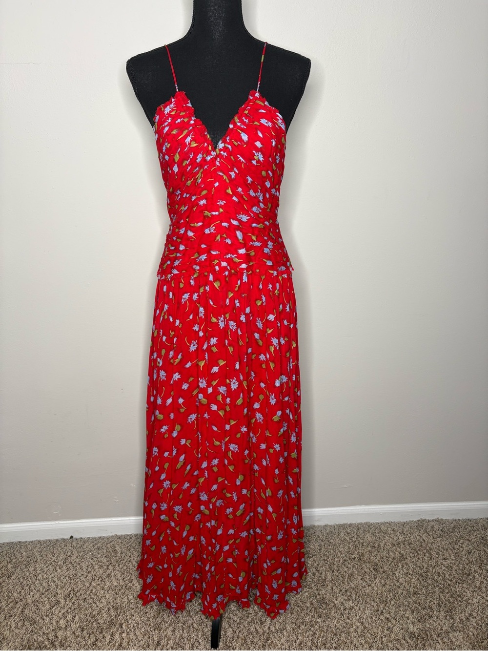 J. Crew Red Floral V-Neck Spaghetti Strap Maxi Dress - Picture 2 of 4